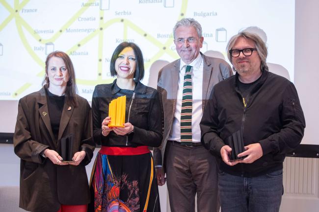 the two special mentions and the laureate of EUPL 2025 with the Jury president