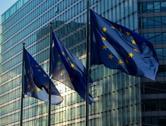 EU flags outside a EU building.