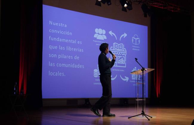 Policy Assistant Lorenzo Dall'Omo on stage presenting EIBF.