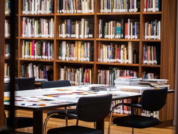 Library desk and bookshelves