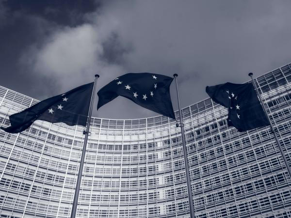 EU flags in front of the EU commission building